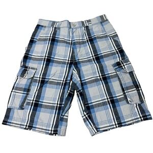 Airwalk Shorts Mens 30 Blue Plaid Cargo Pockets Outdoors Hiking Light Weight Y2K